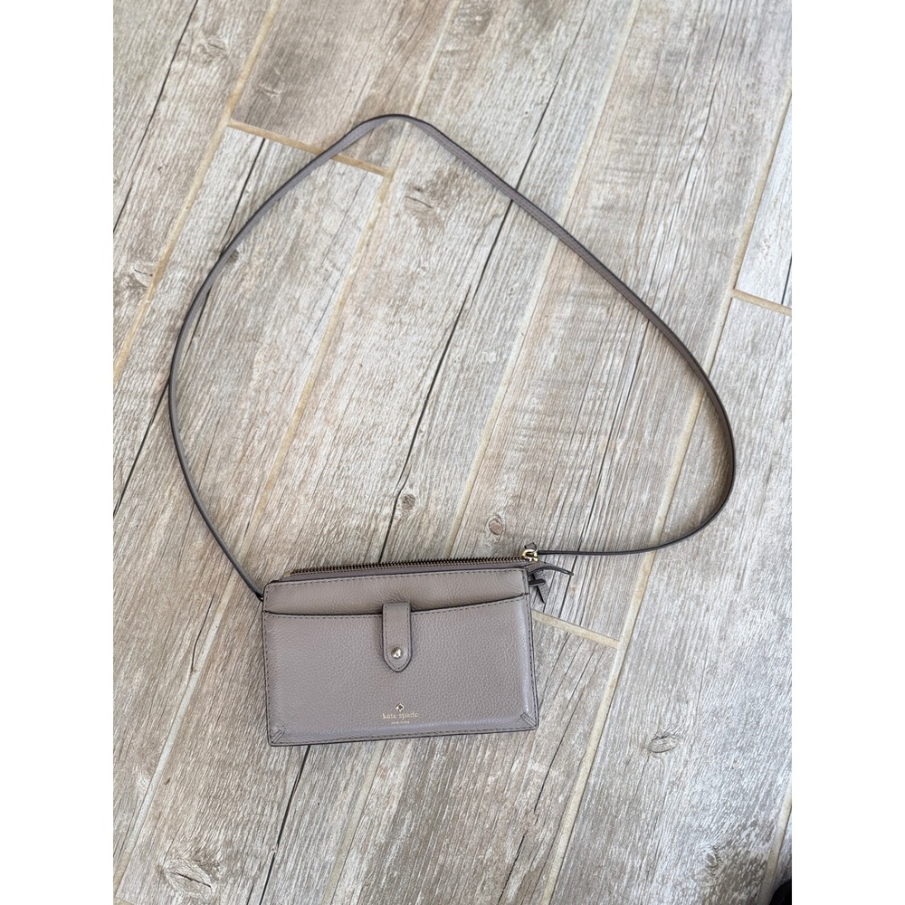 Kate Spade Crossbody Wallet Bag Womens Small Taupe Grey Pebbled Leather